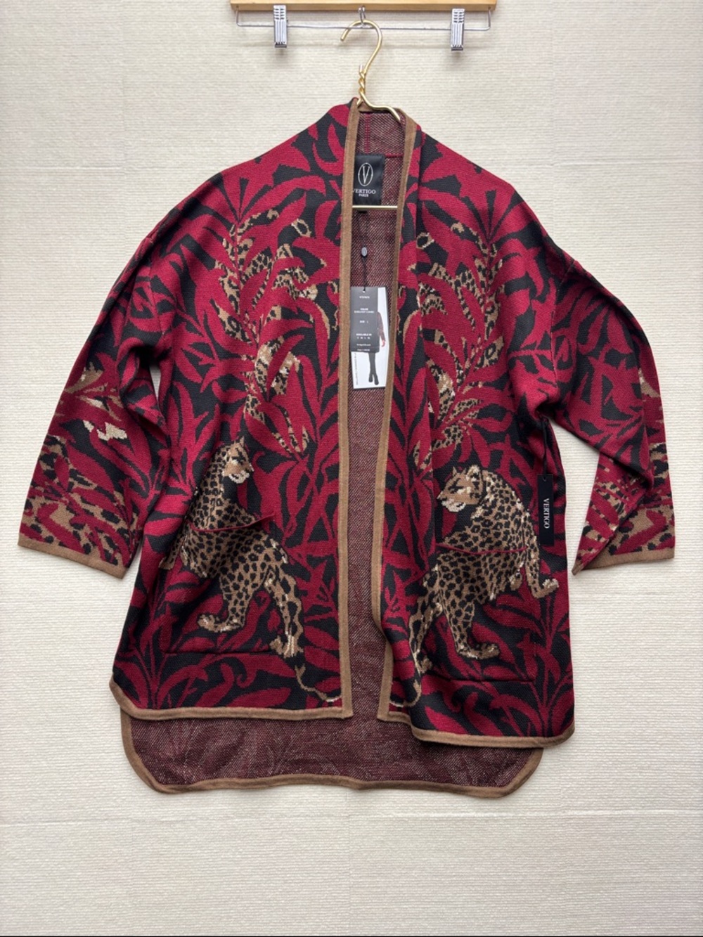 New Vertigo | Burgundy Leopard Jacquard Open Jacket with Tan Trim large wool